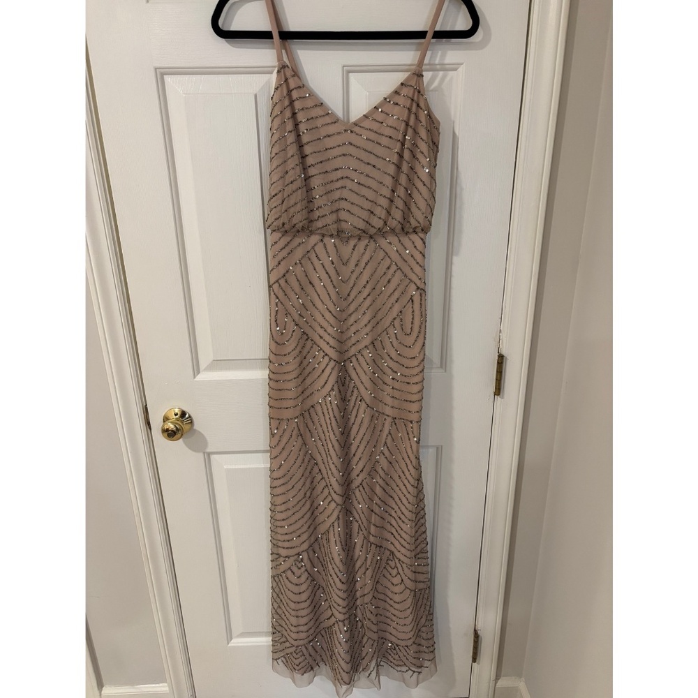 Adriana Papell Floor Length Beaded Champagne Formal Gown